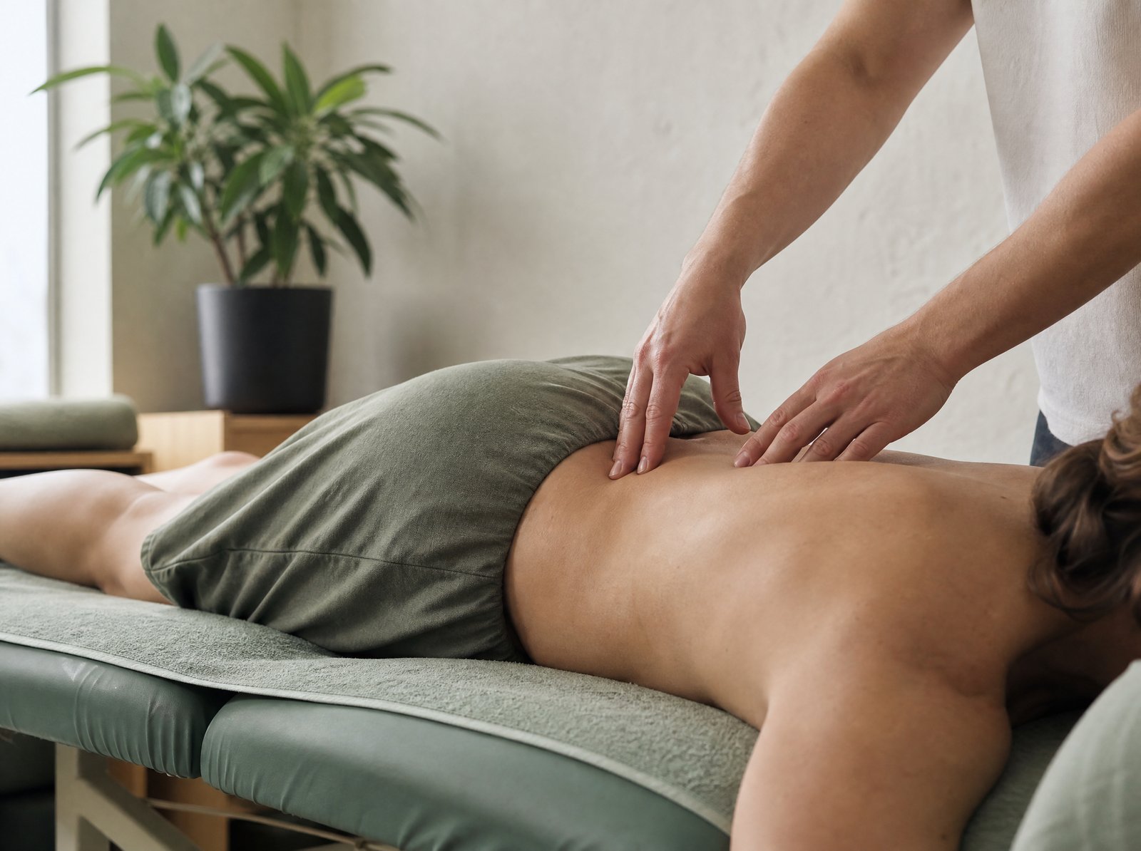 Hands-on assessment of the lower back during a physiotherapy session