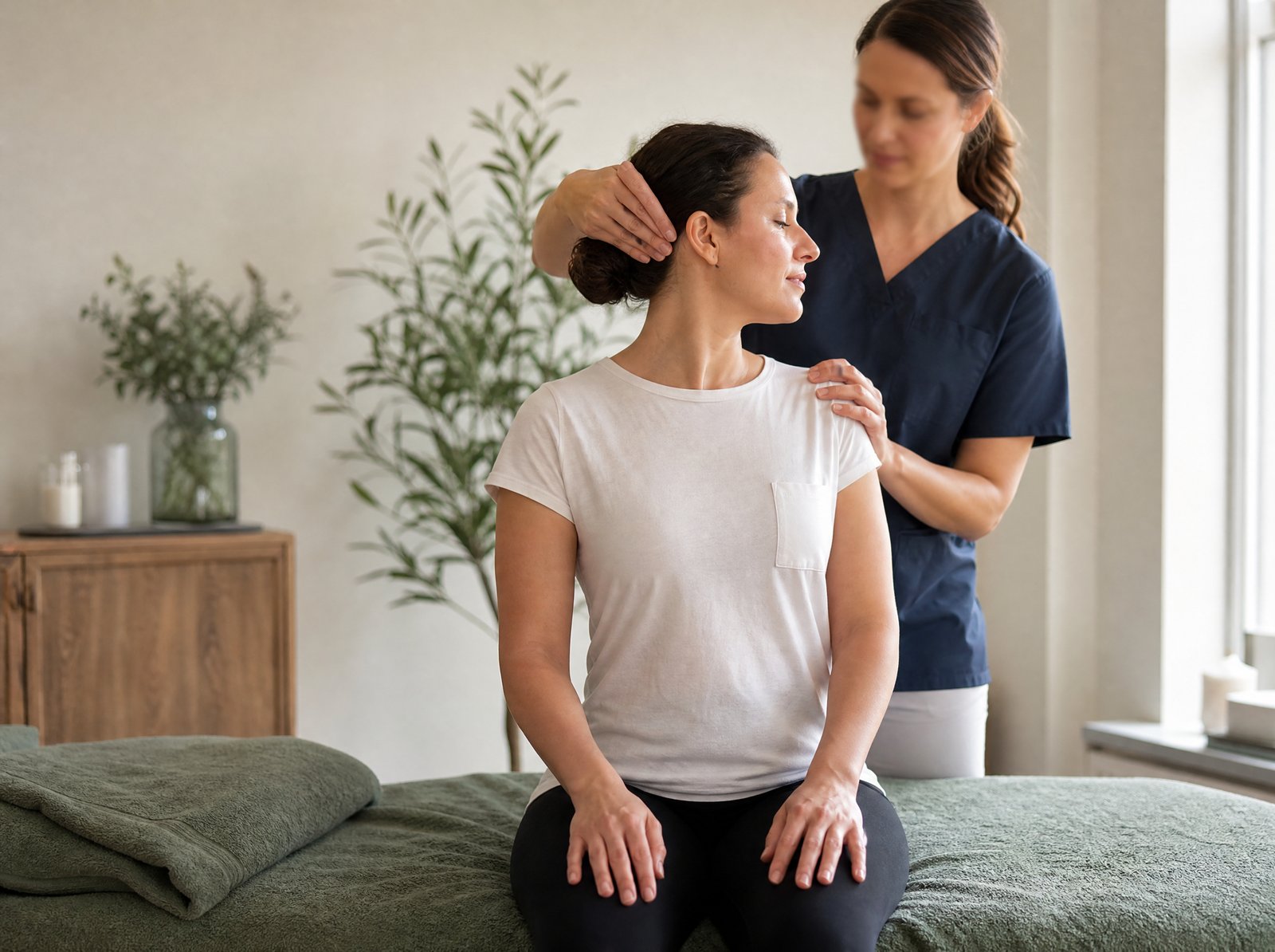 Physiotherapist guiding a patient through comfortable neck movement in the clinic