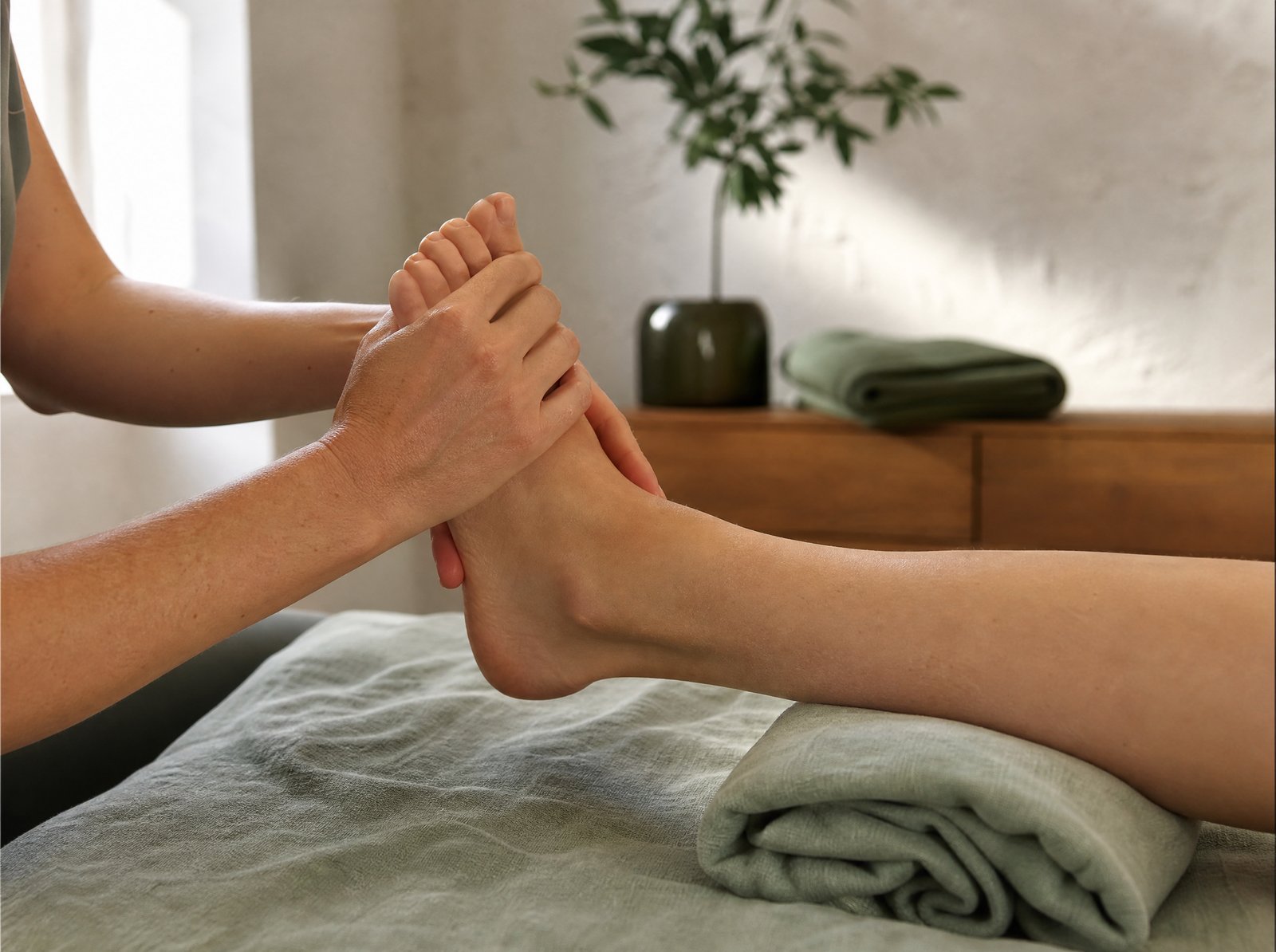 Physiotherapist examining the arch and heel of a patient's foot in the clinic