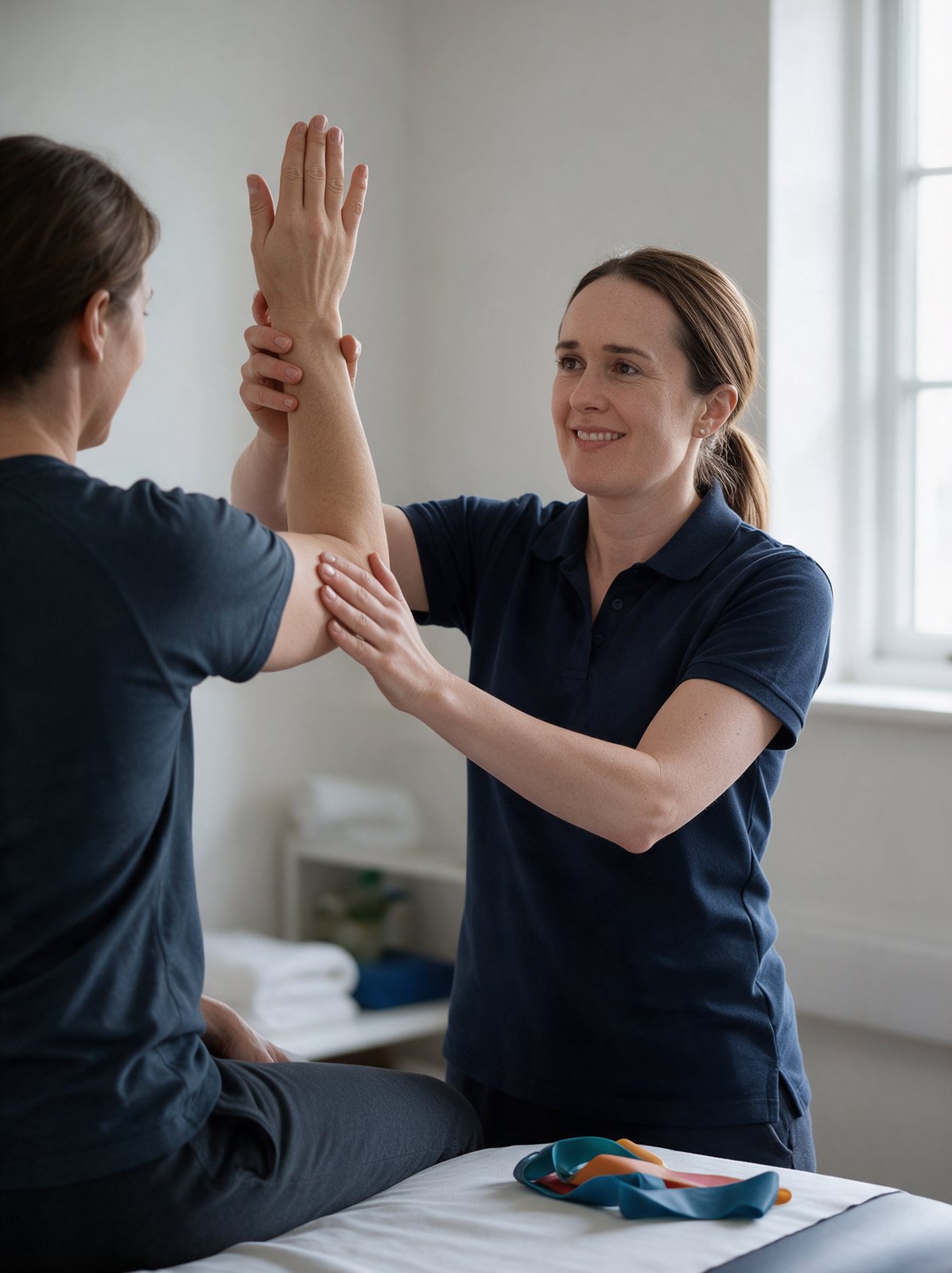 Fiona Casey assessing a patient's shoulder during a physiotherapy session