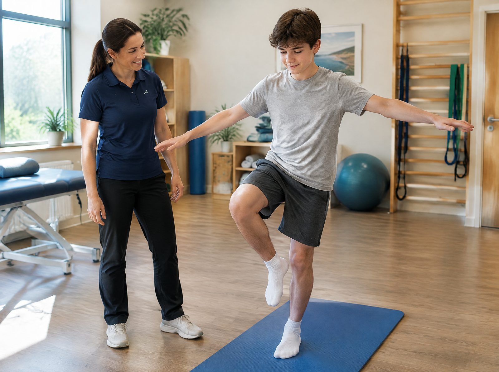 Friendly physiotherapy session with a teenager at the clinic in Ennis