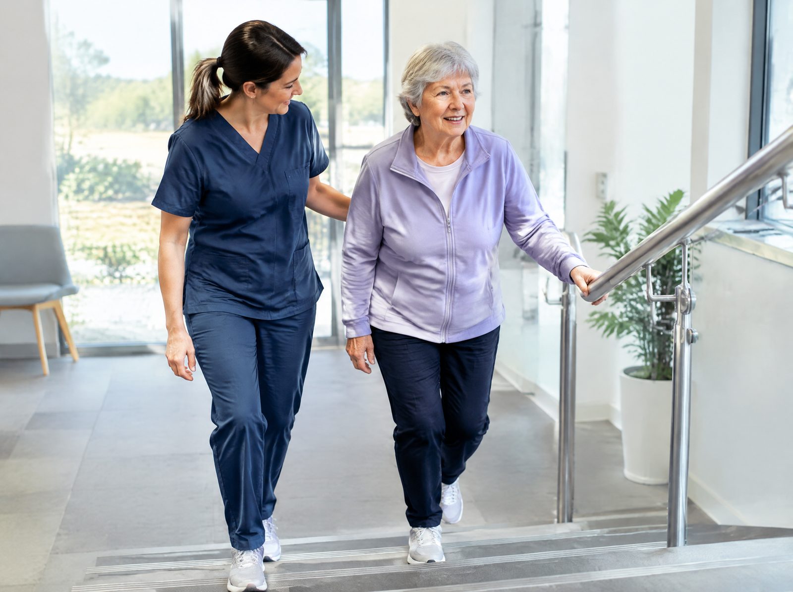 Walking confidently up steps with a physiotherapist by her side
