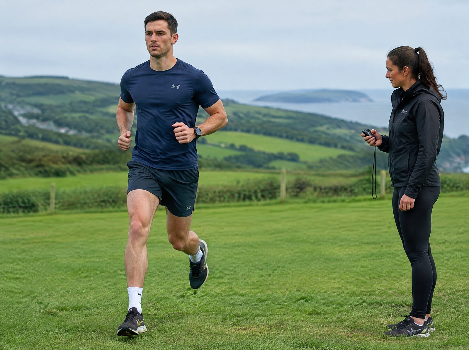Return-to-running rehabilitation on a grass pitch with a physiotherapist