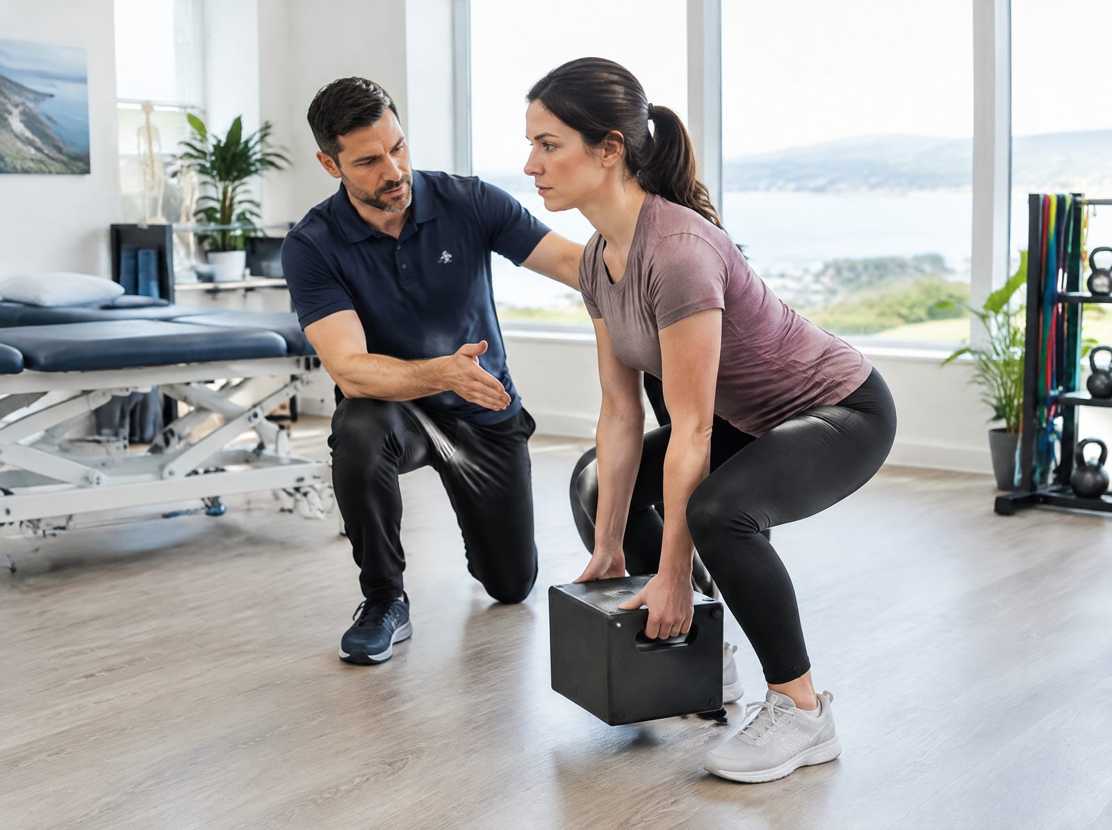 Physiotherapist coaching a functional lifting movement at the clinic