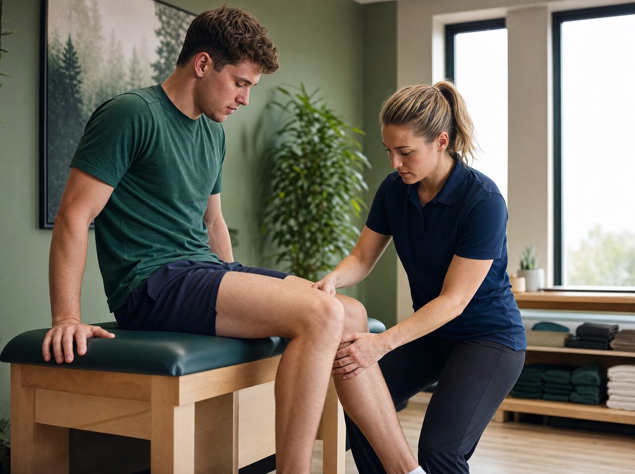 Fiona Casey assessing an athlete's knee in the clinic in Ennis